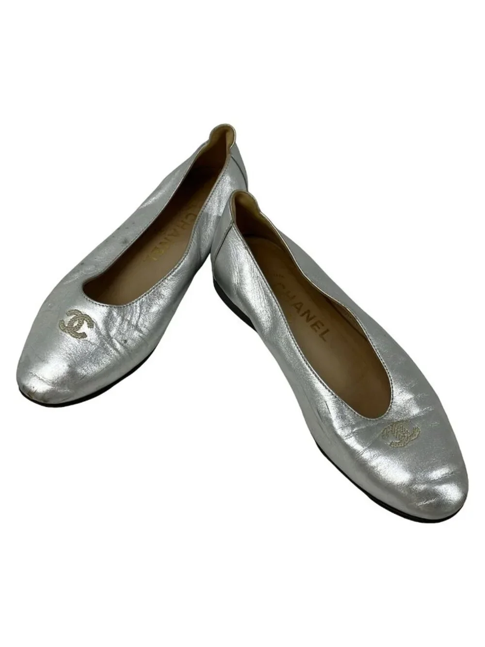 Chanel Flat Shoes Silver CC Logo Leather